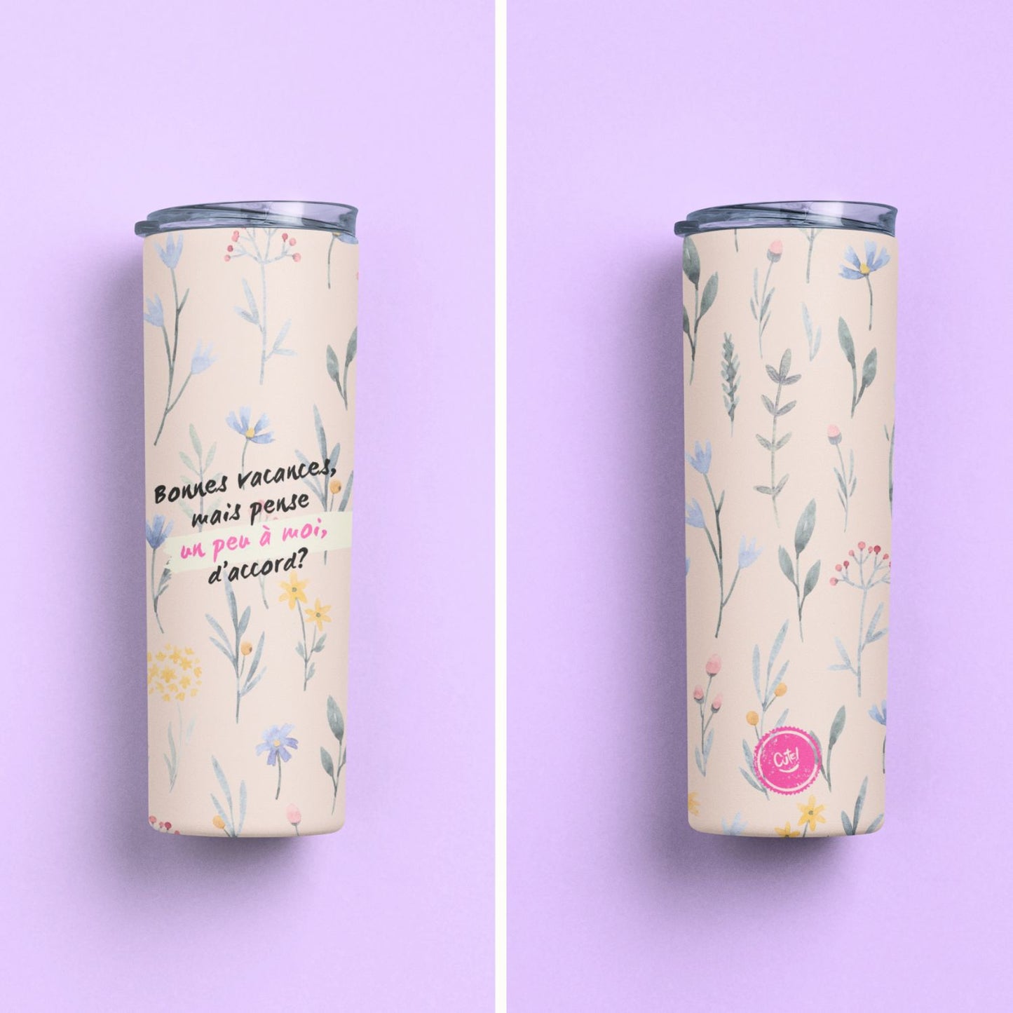 Tasse de voyage avec fleurs beige - Bonnes vacances - Cute!